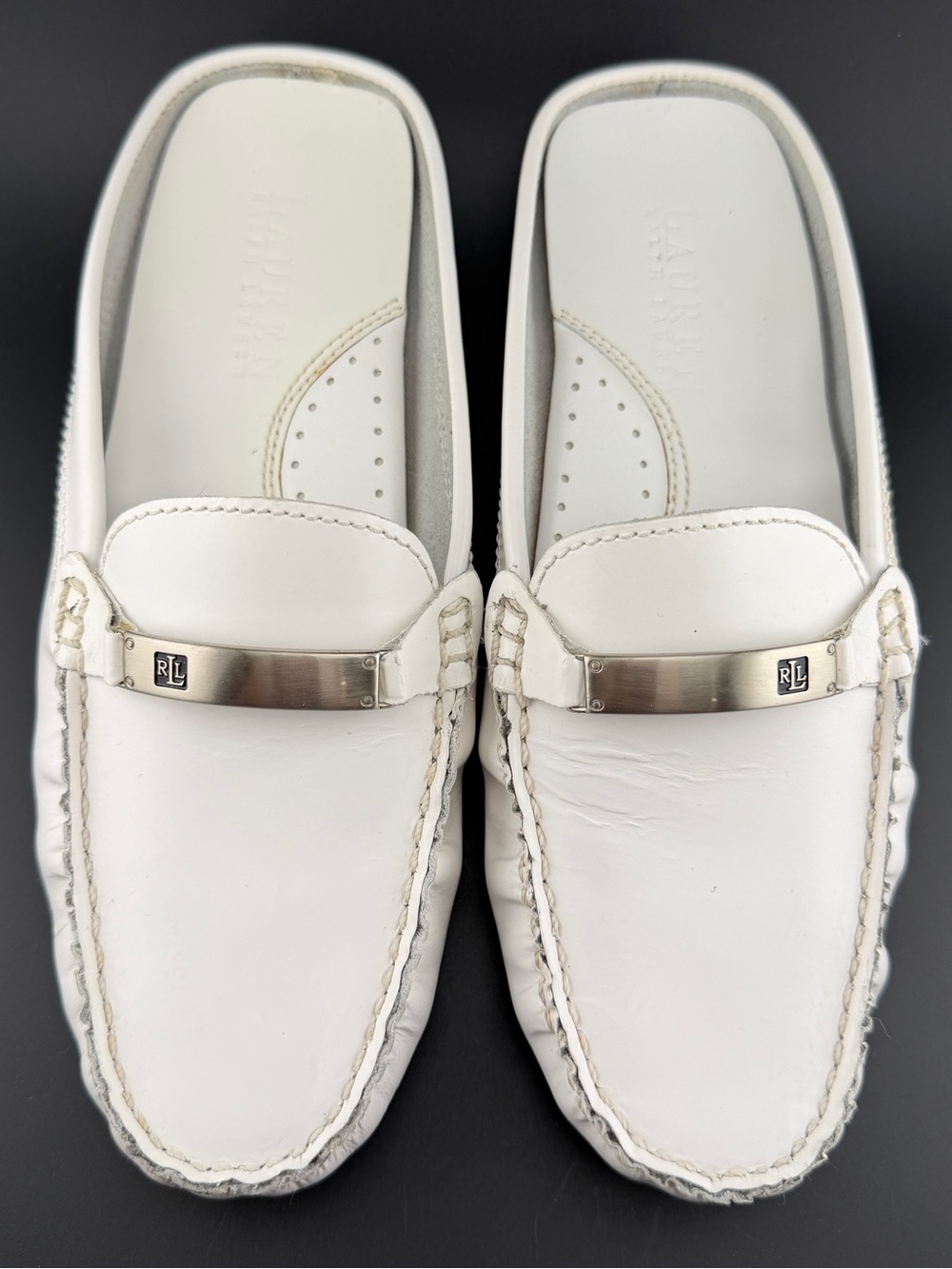 Womens White Lauren Ralph Lauren Leather Slide Mules Size 5.5 B Preppy Old Money